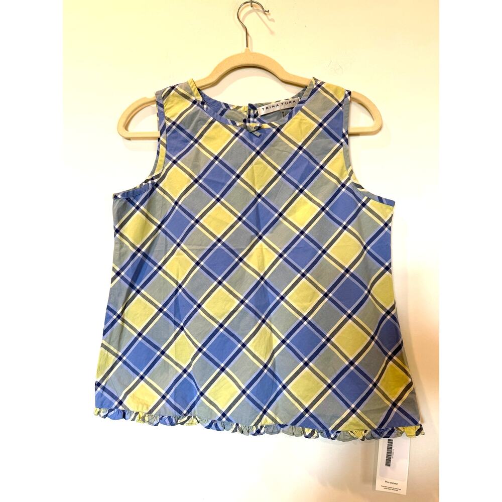 NWT Trina Turk 100% cotton Endearing Blouse M Blue Yellow Plaid Cottagecore Bow